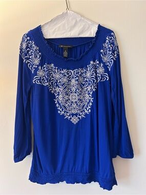 INC International Concepts Royal Blue Embroidered Scoop Neck Top